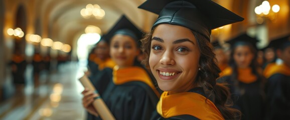 Proud Graduate: A Young Woman Smiles, Cap and Gown, Celebrating Graduation