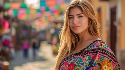 A young woman stands confidently in a vibrant street adorned with colorful decorations, showcasing cultural beauty and tradition.
