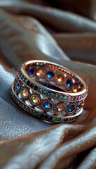 Three rings with different colors and designs are displayed on a white background. The rings are made of gold and have a unique, artistic look. Scene is elegant and sophisticated