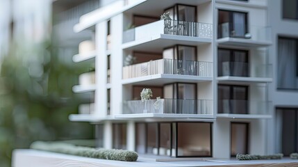 Small apartment building model with balconies and modern design, captured with a close-up shot. 