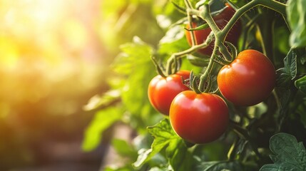 Close-up of vibrant red tomatoes hanging on the vine with lush green leaves in a sunlit garden background.