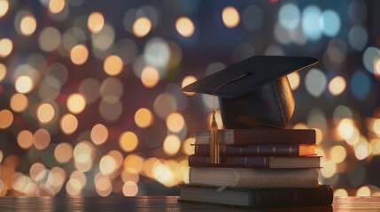 Graduation Cap on Books with Festive Background