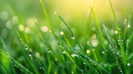 Fototapeta premium The green grass is wet and shiny, with droplets of water on the leaves