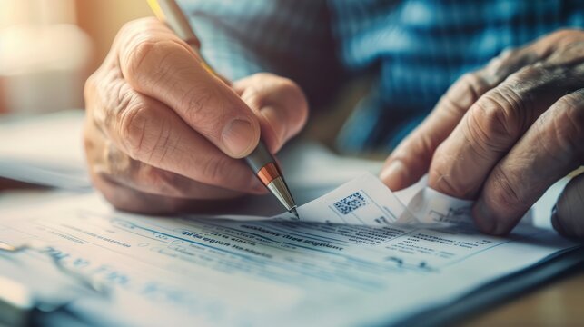 Close-up of a person's hand filling out a social security disability claim form, symbolizing the financial support and security provided by the system.