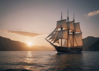 Obraz premium A Majestic Sailing Ship Gliding Gracefully at Sunset Over Tranquil, Reflective Waters