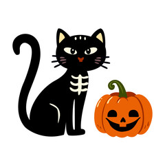 Happy Halloween. A cat with a pumpkin for Halloween. Black kitten with yellow pumpkin. Scary print for design. Vector illustration on white background.
