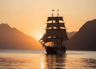 Fototapeta premium A Majestic Sailing Ship Gliding Gracefully at Sunset Over Tranquil, Reflective Waters