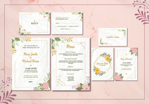 Elegant Floral Wedding Invitation and Stationery Set Template