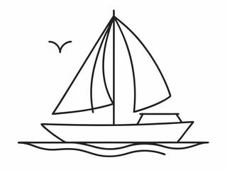 continuous single line drawing of sailboat on water, line art vector illustration
