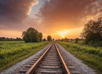 The sun is slowly setting behind the distant train tracks in view