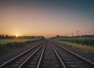 Obraz premium The sun is slowly setting behind the distant train tracks in view