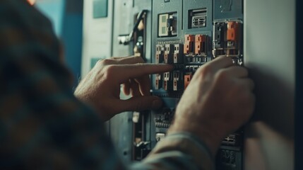Skilled Electrician Repairing Voltage Switchboard with Automatic Switches for Reliable Power Control