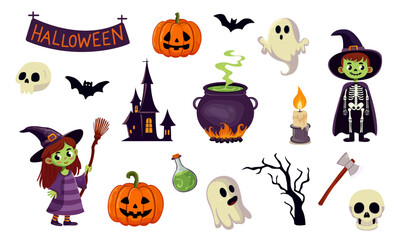 Set of vector characters and icons for Halloween.  Pumpkins, skull, spider, cauldron, witch, potion, skeleton, axe, castle, skull, candle, bat, ghosts.. Isolated on white background