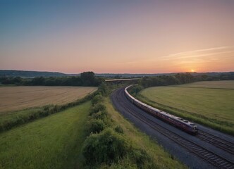 The sun is slowly setting behind the distant train tracks in view