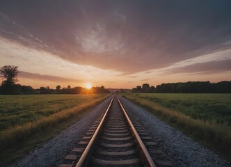 Obraz premium The sun is slowly setting behind the distant train tracks in view