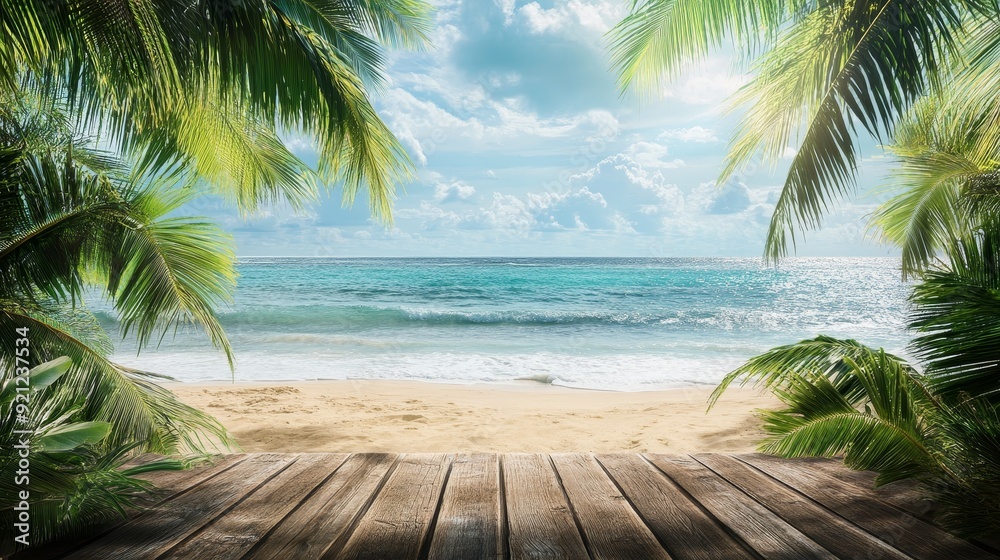 Sticker A serene tropical beach scene with lush palm trees framing a wooden deck overlooking turquoise waters and a sandy beach. The image evokes feelings of relaxation, tranquility, and escape.