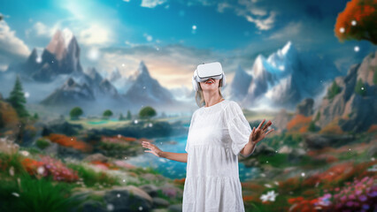 Excited smiling woman looking by VR surround wonderful fairytale forest mountain ice wonderland...
