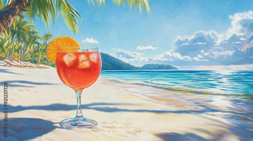 Poster A refreshing cocktail with ice cubes on a white sand beach with palm trees and ocean in the background.  This symbolizes vacation, relaxation, escape,  paradise and summer.