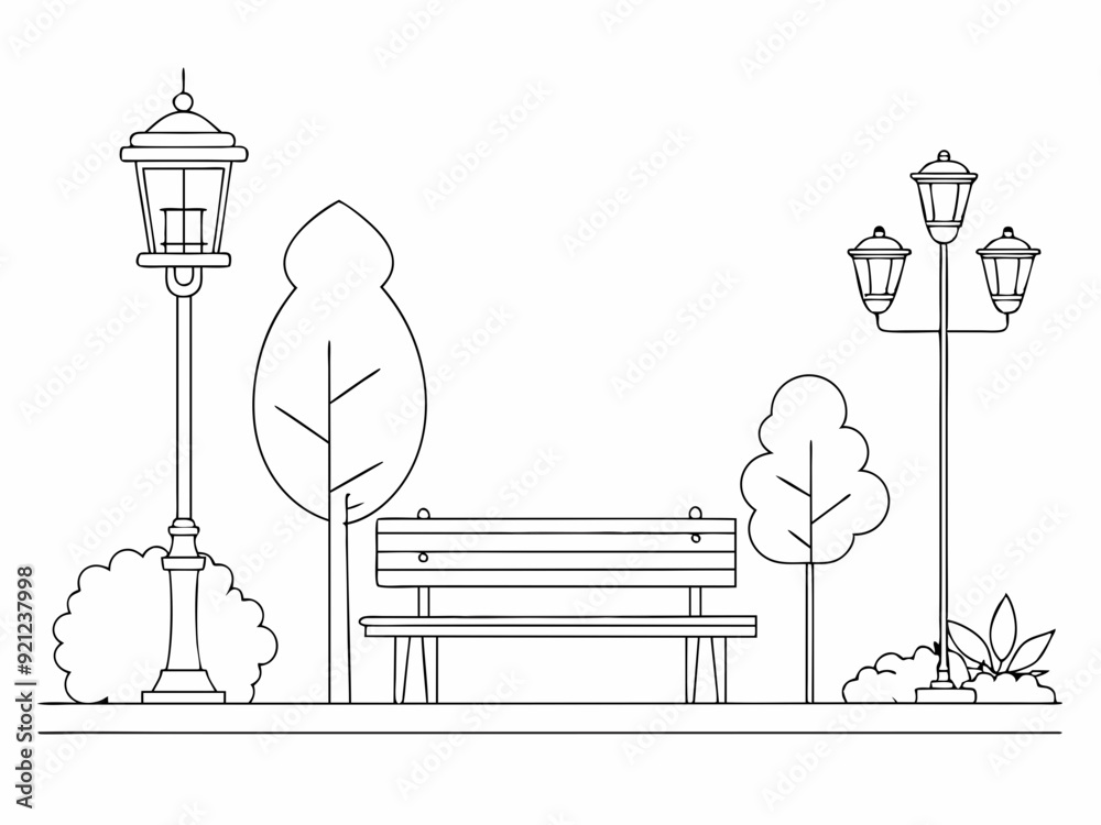 Wall mural continuous single line drawing of bench and lantern in public park, line art vector illustration
