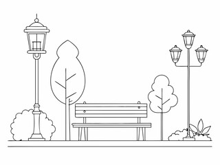 continuous single line drawing of bench and lantern in public park, line art vector illustration
