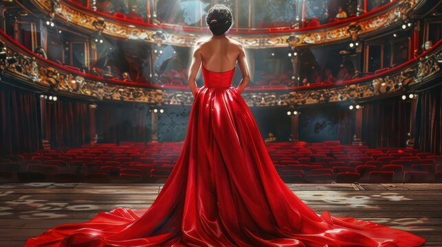From the back of the concert hall stage, an opera singer in a stunning red dress stands, her presence captivating even from behind as she prepares to grace the audience with her performance.