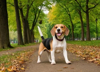 The beagle stands in the grass with his tongue sticking out. Breed dog portrait. Happy Dog on the walk in the park.