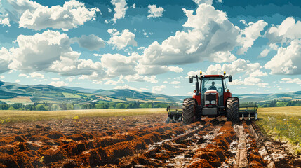 A red tractor is driving through a field. The sky is blue and the sun is shining