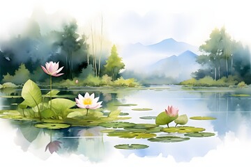 Small pond with white stork, dragonflies and water lily. Vector cartoon illustration

