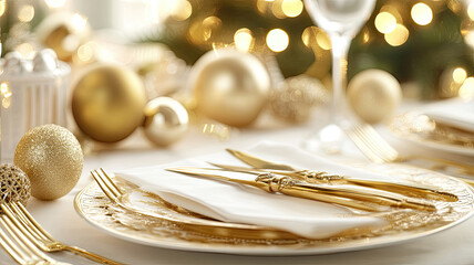 Obraz premium Elegant dining table setting with gold utensils and holiday decorations