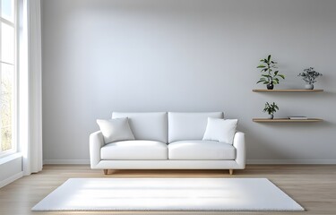 A white sofa sits in the center of an empty living room with light gray walls