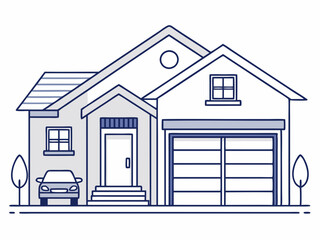 single line drawing of single-familiy home with garage, line art vector illustration
