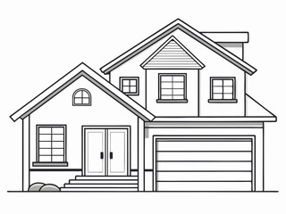 single line drawing of single-familiy home with garage, line art vector illustration
