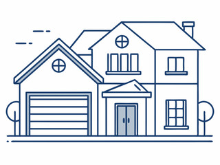 single line drawing of single-familiy home with garage, line art vector illustration
