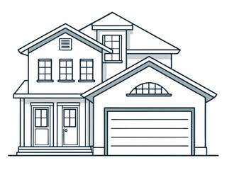 single line drawing of single-familiy home with garage, line art vector illustration
