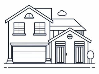 single line drawing of single-familiy home with garage, line art vector illustration
