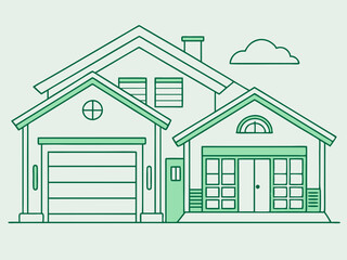 single line drawing of single-familiy home with garage, line art vector illustration
