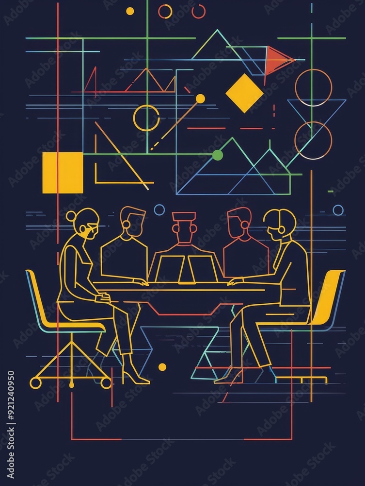 Canvas Prints A team of five people are sitting around a table in a geometric setting, symbolizing teamwork, collaboration, creativity, problem-solving, and innovation.