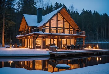 Fototapeta premium Discover a Charming Winter Cabin Situated by the Tranquil Lake, Perfect for Retreats