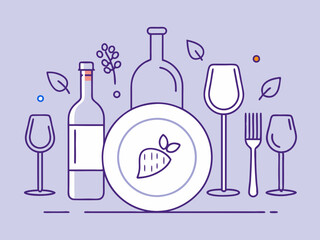 dinner concept continuous single line drawing, plate, fork, knife, wine glass and bottle line art vector illustration
