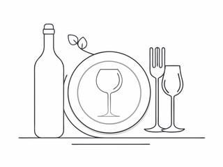 dinner concept continuous single line drawing, plate, fork, knife, wine glass and bottle line art vector illustration
