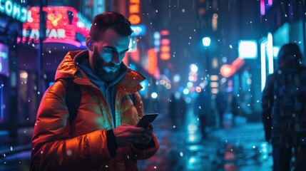 Fototapeta premium Man using smartphone standing on the night city street full of neon light, Male holding mobile phone, posting social media, online shopping, texting, generative ai