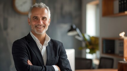 mature 50 year old confident professional manager, confident businessman investor looking at camera, smiling mid aged older business man executive standing in office, portrait