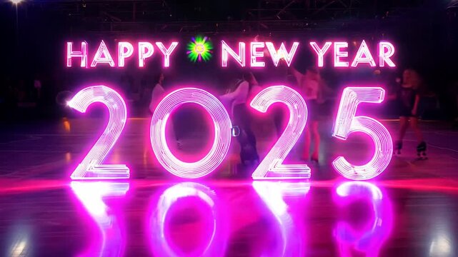 Celebration of New Year 2025 With Neon Lights and Roller Skating Generative AI