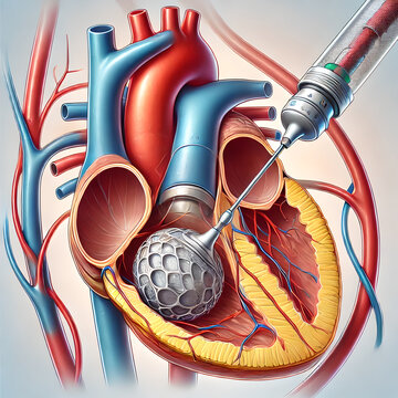 A detailed medical illustration of a human heart undergoing Transcatheter Aortic Valve Implantation (TAVI) surgery.