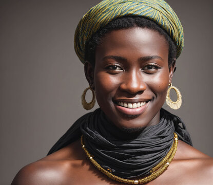 Mandinka woman with a gold necklace and earrings is smiling