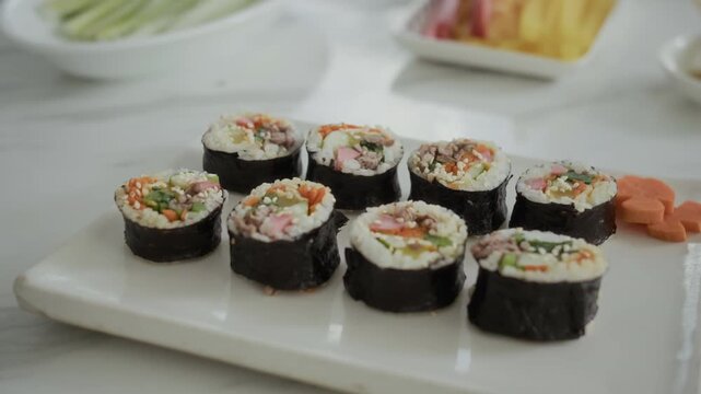 Close up of homemade Korean kimbap served on plate at home kitchen, no people