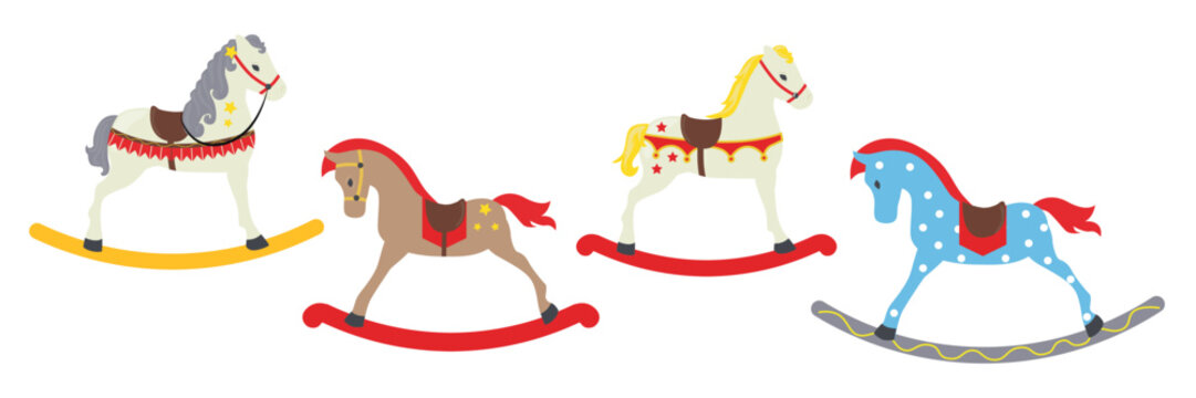 Set of cute vintage rocking horses for kids in cartoon style. Vector illustration of wooden rocking horses with harness and saddle, various patterns: stars, circles, isolated on white background.