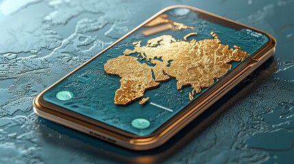 Elegant smartphone featuring a golden world map design on a textured blue background, symbolizing global connectivity.