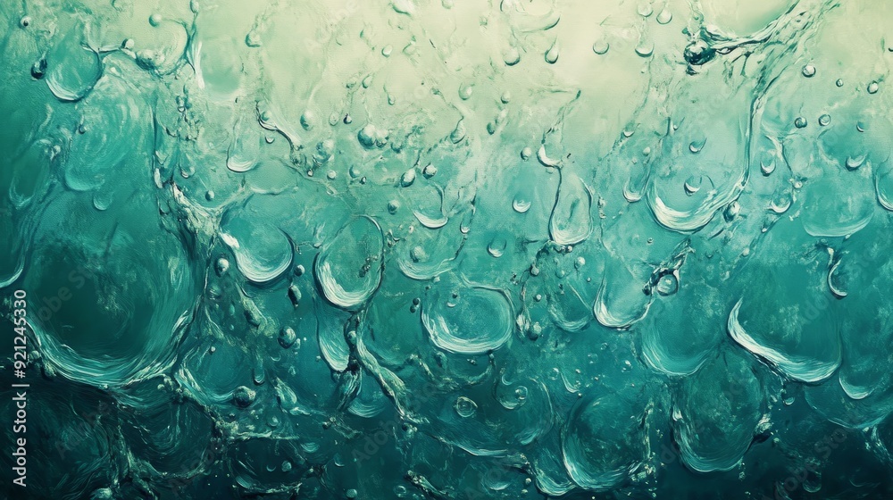 Poster Abstract water droplets background with a unique teal and green color scheme, showcasing a sense of movement, freshness, and nature's beauty.