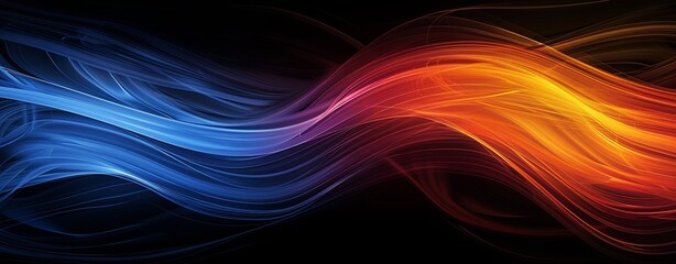 Vivid Color Wave on Grainy Sapphire Blue, Apricot Orange, and Cherry Red Abstract Header Banner Design over Obsidian Black Background